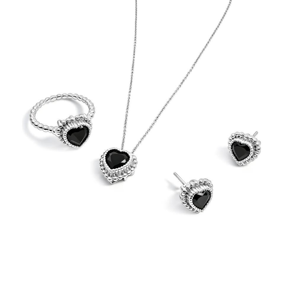 Onyx Beaded Heart Pendant, Earrings, &amp; Ring Boxed Set in Sterling Silver – Image 1 of 11