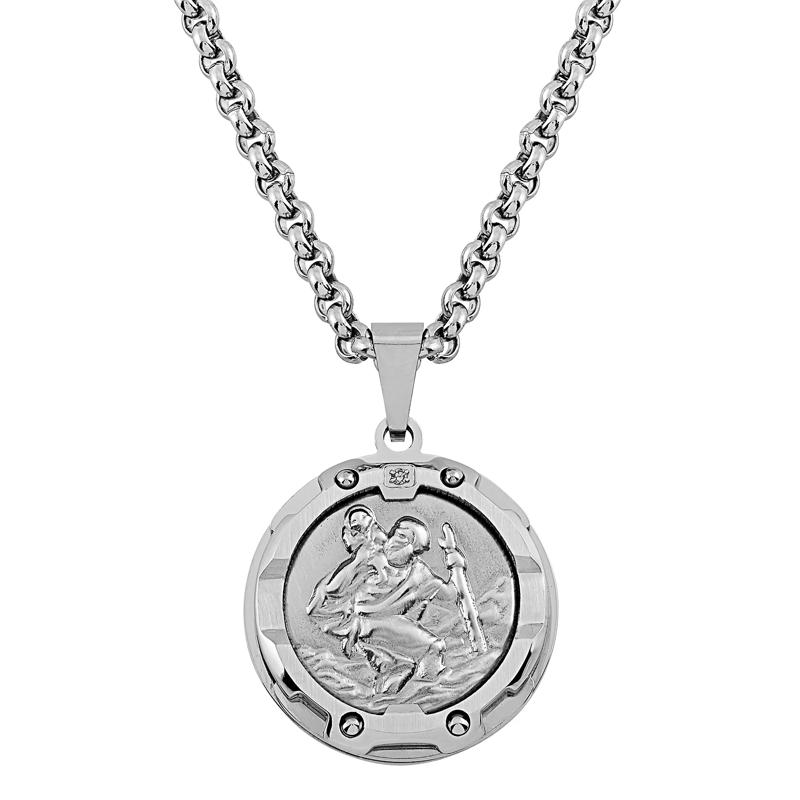 Saint Christopher Pendant with Diamond Accent in Stainless Steel, 24&rdquo; – Image 1 of 6