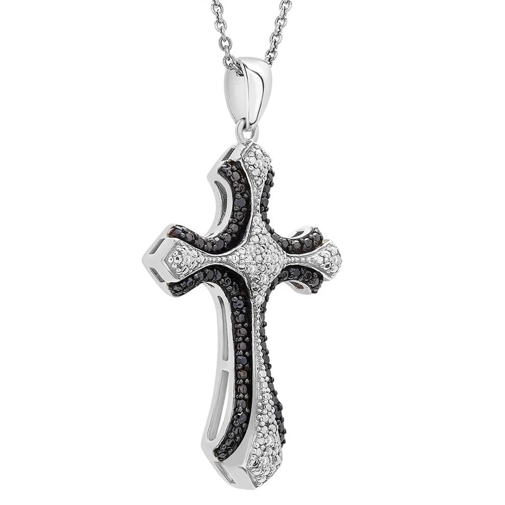 Black &amp; White Diamond Cross Pendant in Sterling Silver (1/10 ct. tw.) – Image 3 of 3