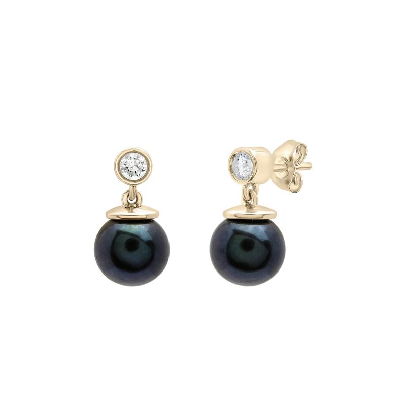 Black Pearl and Lab-Created White Sapphire Drop Earrings in 10K Yellow Gold – Image 1 of 1