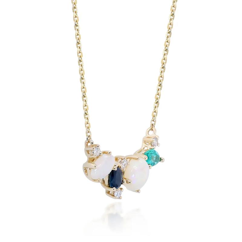 Australian Opal, Emerald, Blue Sapphire, and Diamond Accent Necklace in 10K Yellow Gold – Image 2 of 3