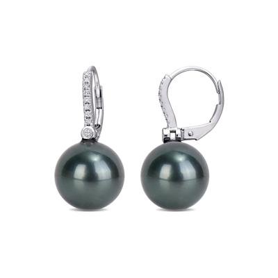 Black Tahitian Pearl & 1/8 ct. tw. Diamond Earrings in 10K White Gold