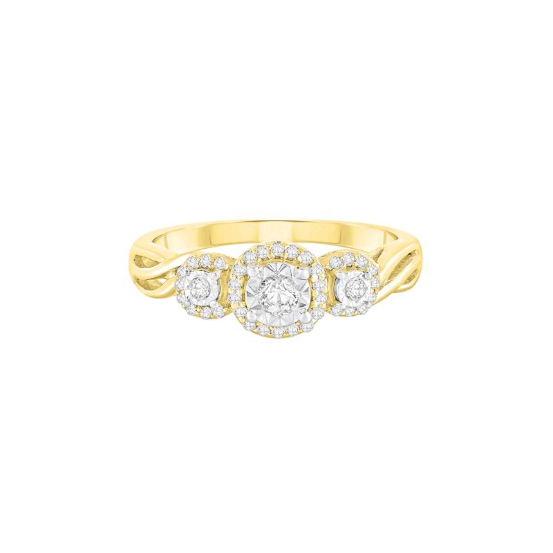 Three-Stone Halo Engagement Ring with Illusion Settings in 10K Yellow Gold &#40;1/4 ct. tw.&#41; – Image 1 of 3