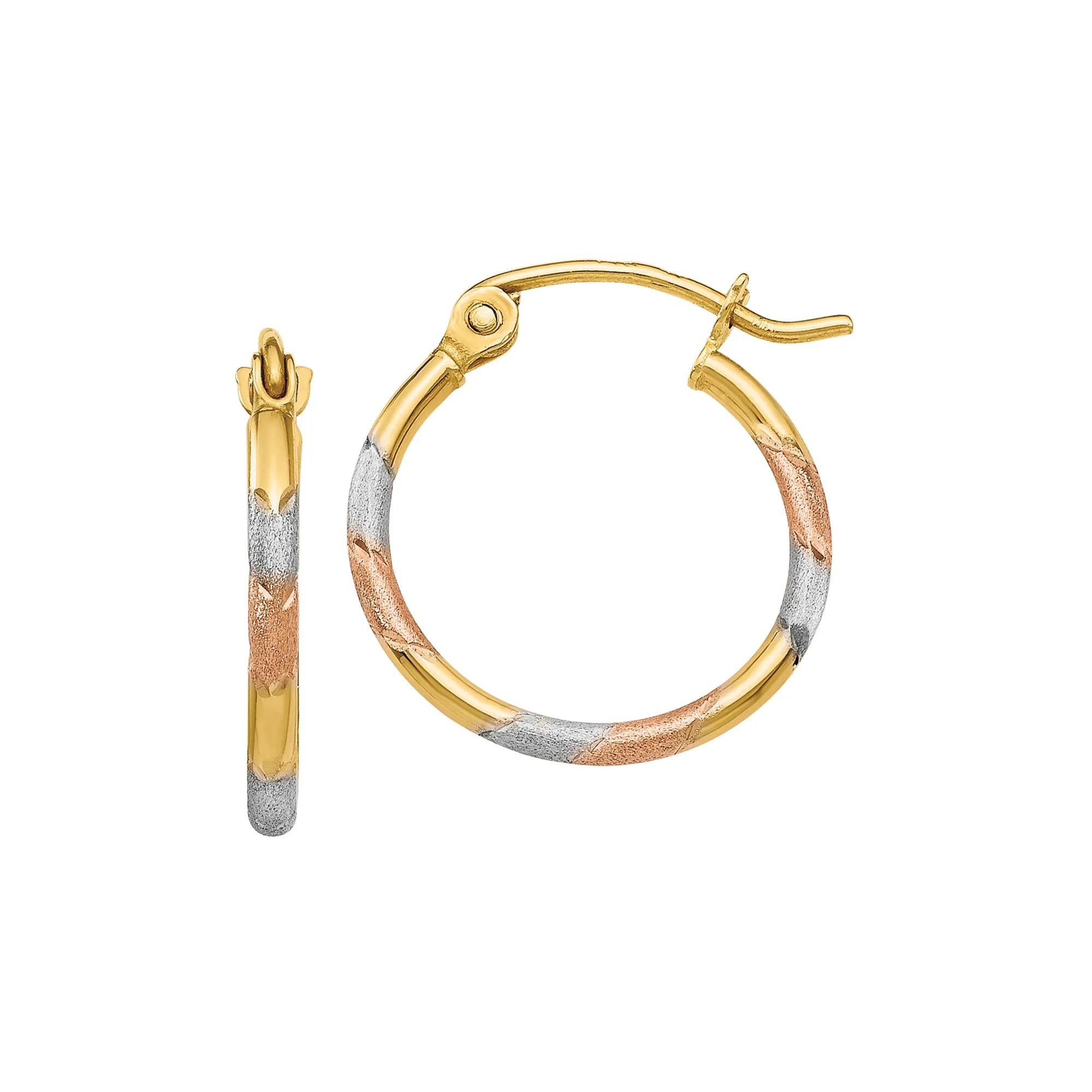 Multi-Texture Hoops with White and Rose Rhodium in 14K Yellow Gold