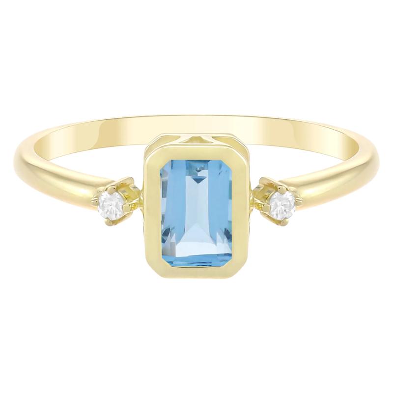 Emerald-Cut Swiss Blue Topaz and Diamond Accent Ring in 10K Yellow Gold – Image 1 of 3