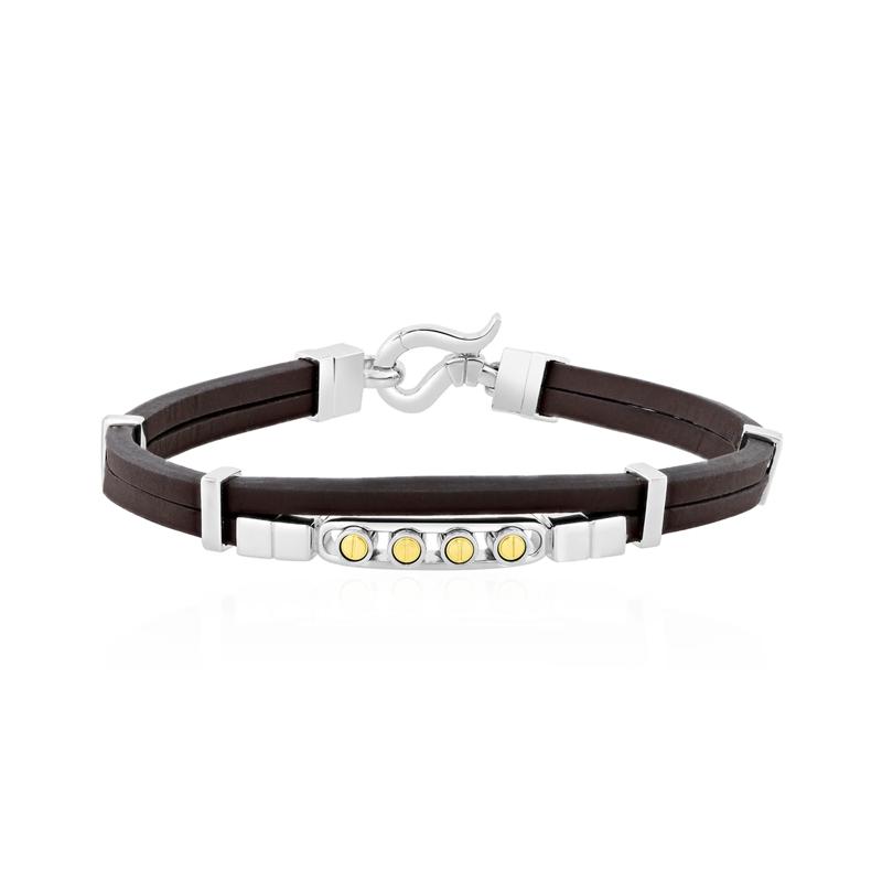 Men&#39;s Screw Design Leather Bracelet in Sterling Silver &amp; Vermeil – Image 1 of 3