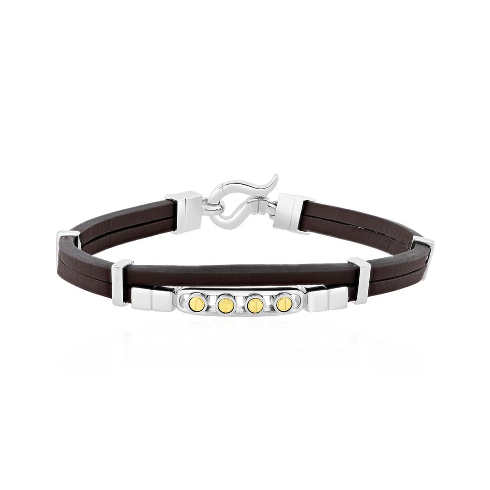 Men's Screw Design Leather Bracelet in Sterling Silver &amp; Vermeil – Image 1 of 3