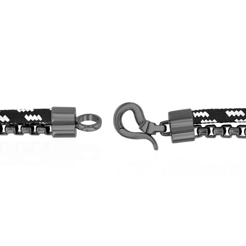 Men&#39;s Black and White Nylon Cord and Black Rhodium-Plated Sterling Silver Box Chain Bracelet – Image 2 of 2
