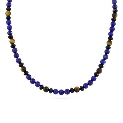 Men's Tiger's Eye, Blue Lapis, & Black Agate Bead Necklace in 10K Yellow Gold