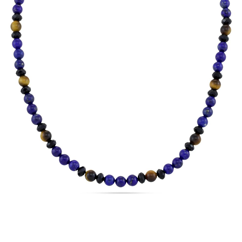 Men's Tiger's Eye, Blue Lapis, &amp; Black Agate Bead Necklace in 10K Yellow Gold – Image 1 of 4