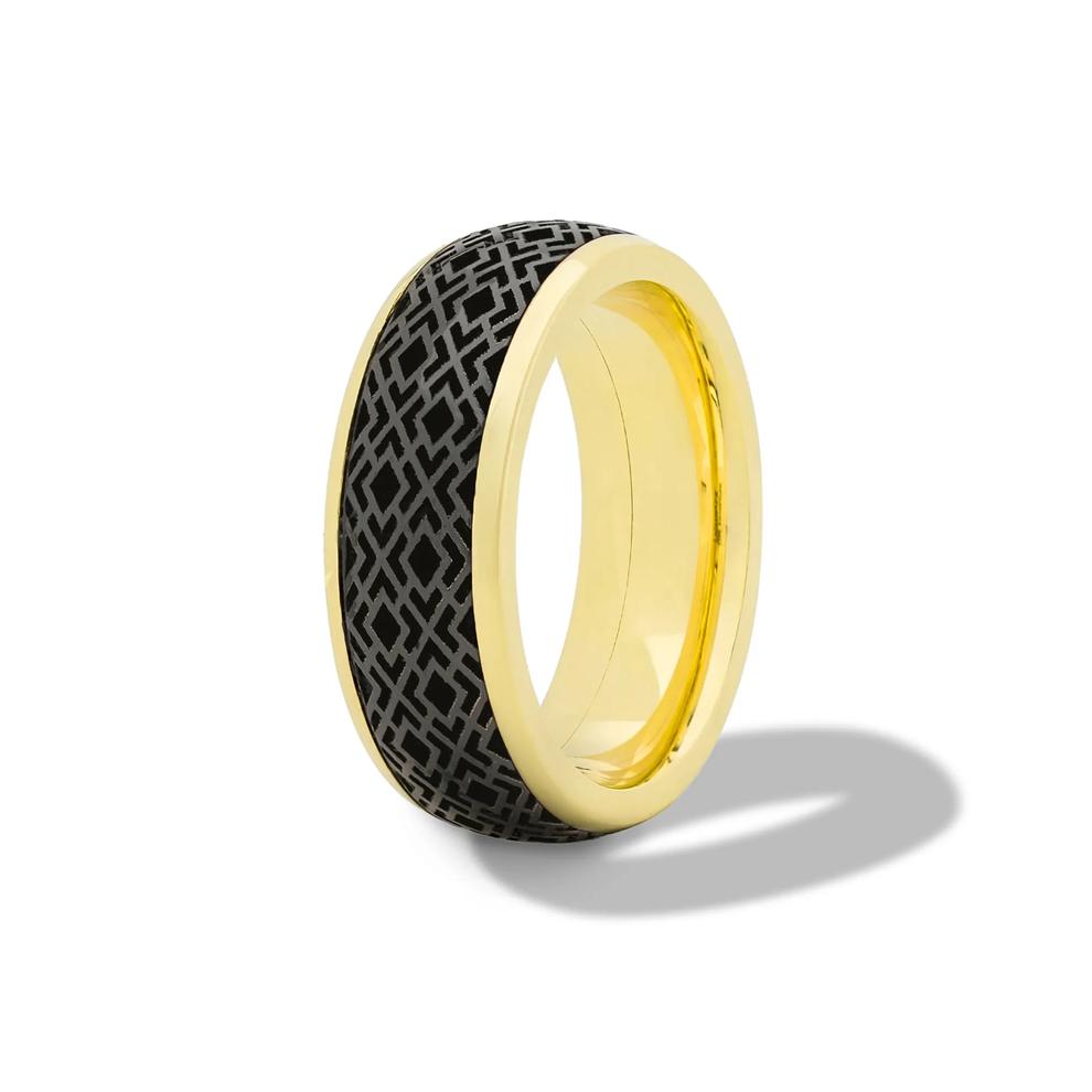 Men's Zirconium Inlay Laser Carved Domed Wedding Band in 14K Yellow Gold, 8mm – Image 3 of 4