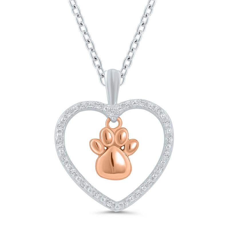 Diamond Accent Paw Print Heart Pendant in Sterling Silver and 10K Rose Gold – Image 1 of 3
