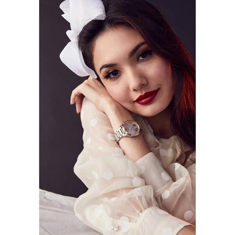 Ladies' Disney Falling Mickey &amp; Minnie Watch in Gold-Tone Stainless Steel, 35MM – Image 3 of 3