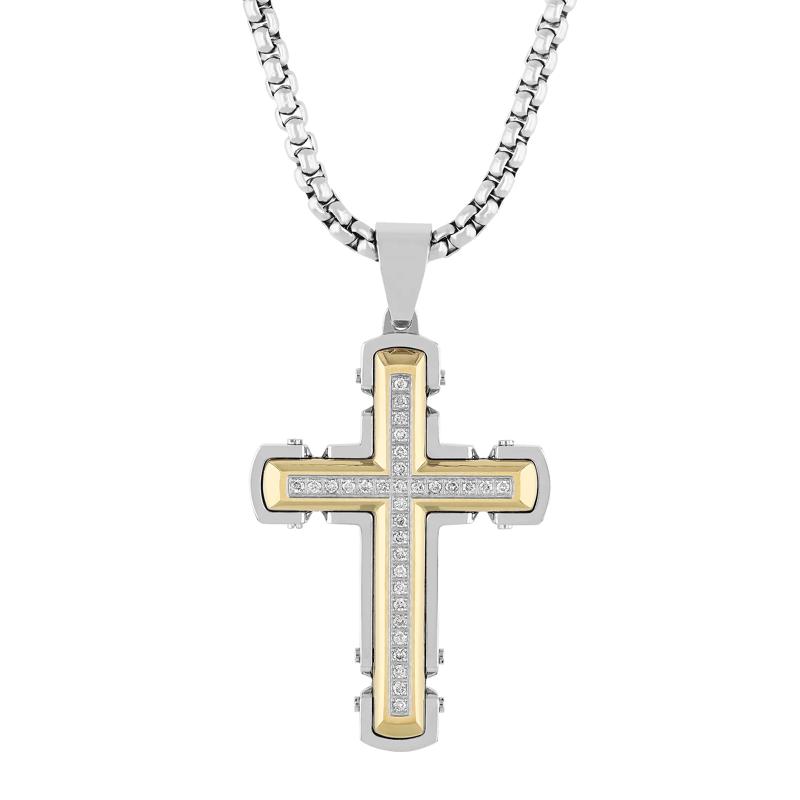 Men&#39;s Diamond Cross in Ion-Plated Stainless Steel, 24&quot; &#40;1/4 ct. tw.&#41; – Image 1 of 4