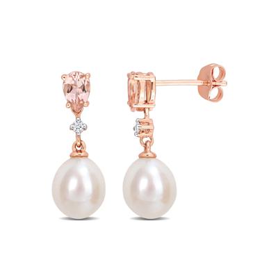 Pearl Earrings with Morganite and Diamond Accent in 14K Rose Gold