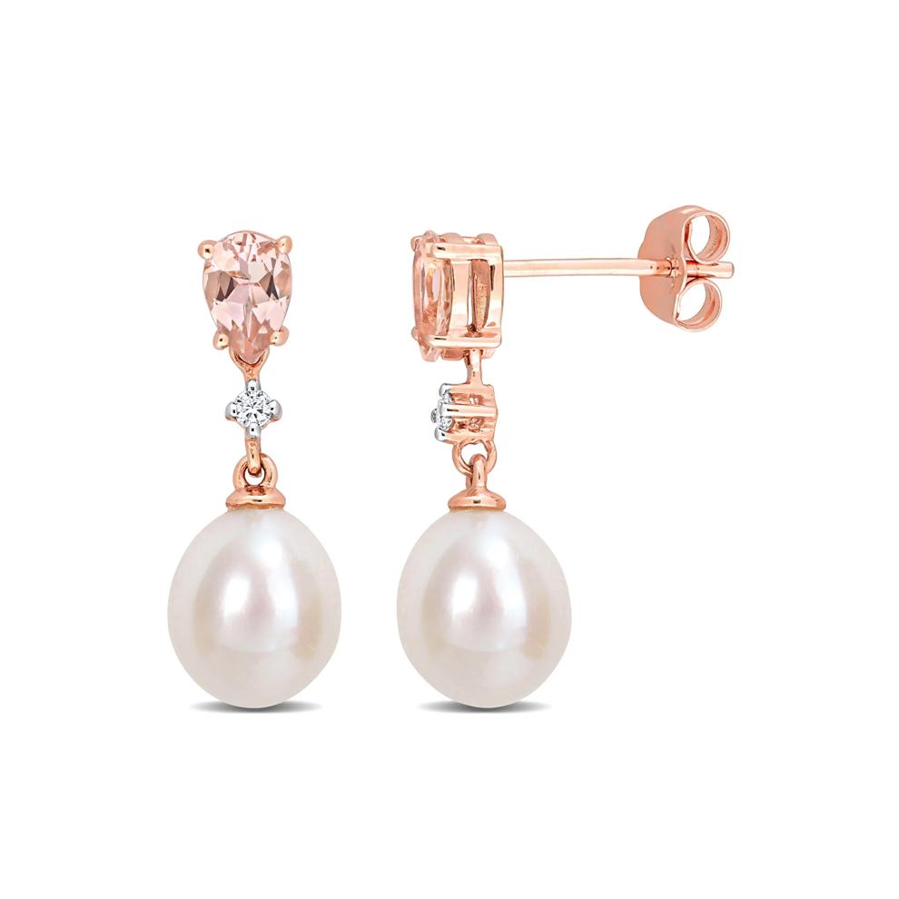 Pearl Earrings with Morganite and Diamond Accent in 14K Rose Gold – Image 1 of 3
