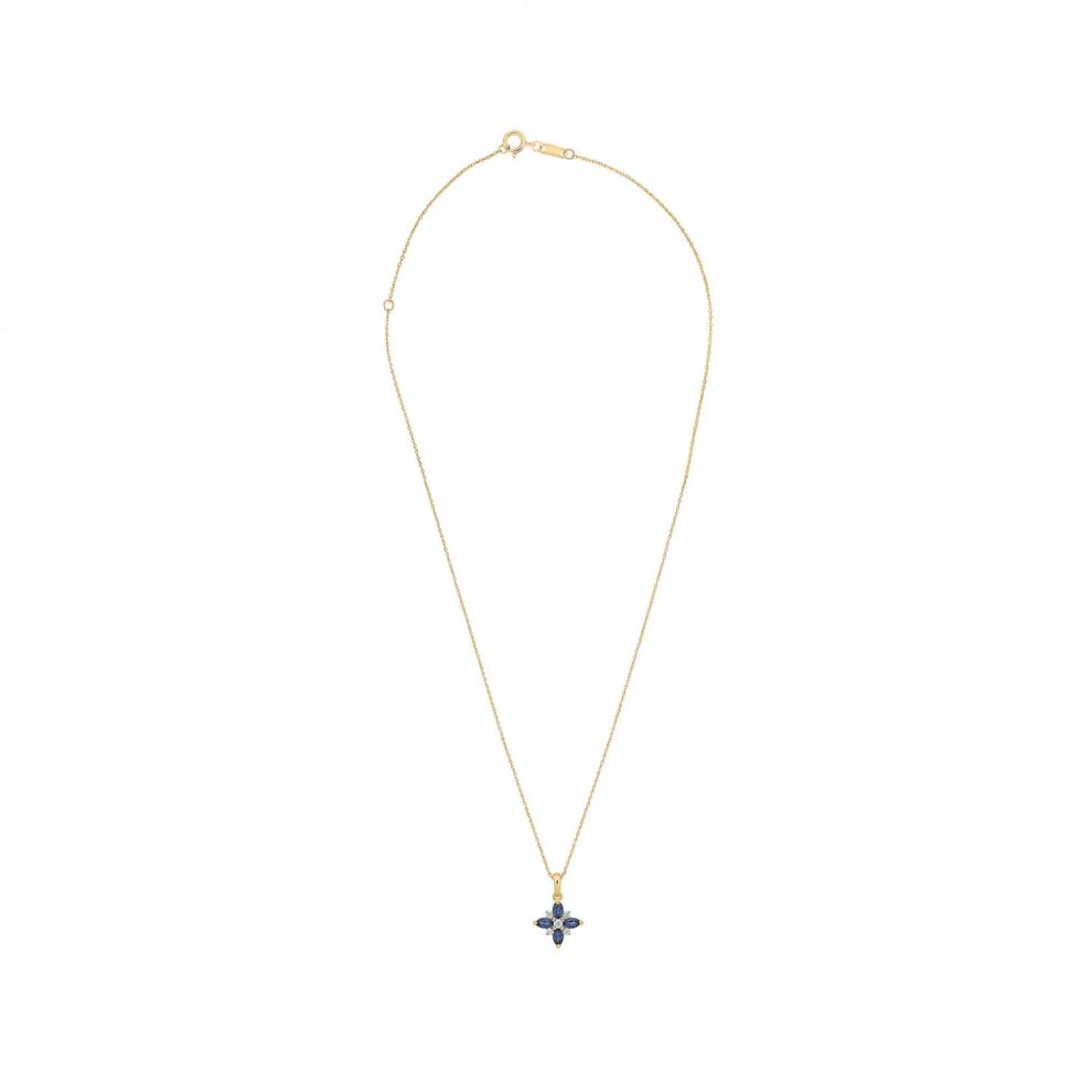 Blue Sapphire &amp; Diamond Floral Pendant Necklace in 10K Yellow Gold (1/10 ct. tw.) – Image 4 of 4