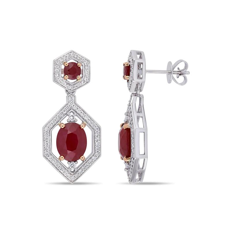 Ruby &amp; Diamond Drop Earrings in 14K White &amp; Rose Gold &#40;5/8 ct. tw.&#41; – Image 1 of 4