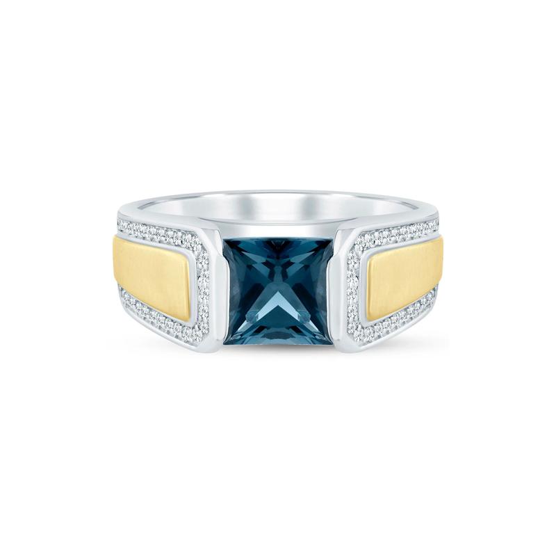 Men's London Blue Topaz and Diamond Ring in 10K White and Yellow Gold (1/4 ct. tw.) – Image 1 of 3
