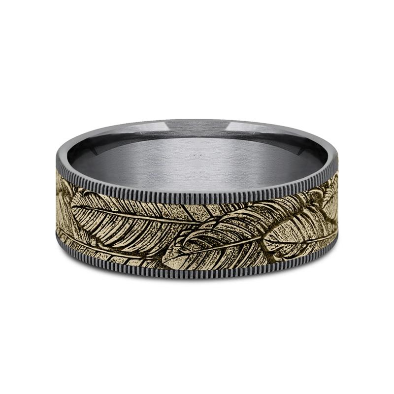 Men&rsquo;s Bird Feather Wedding Band in 14K Gold &amp; Tantalum, 7.5MM – Image 1 of 3