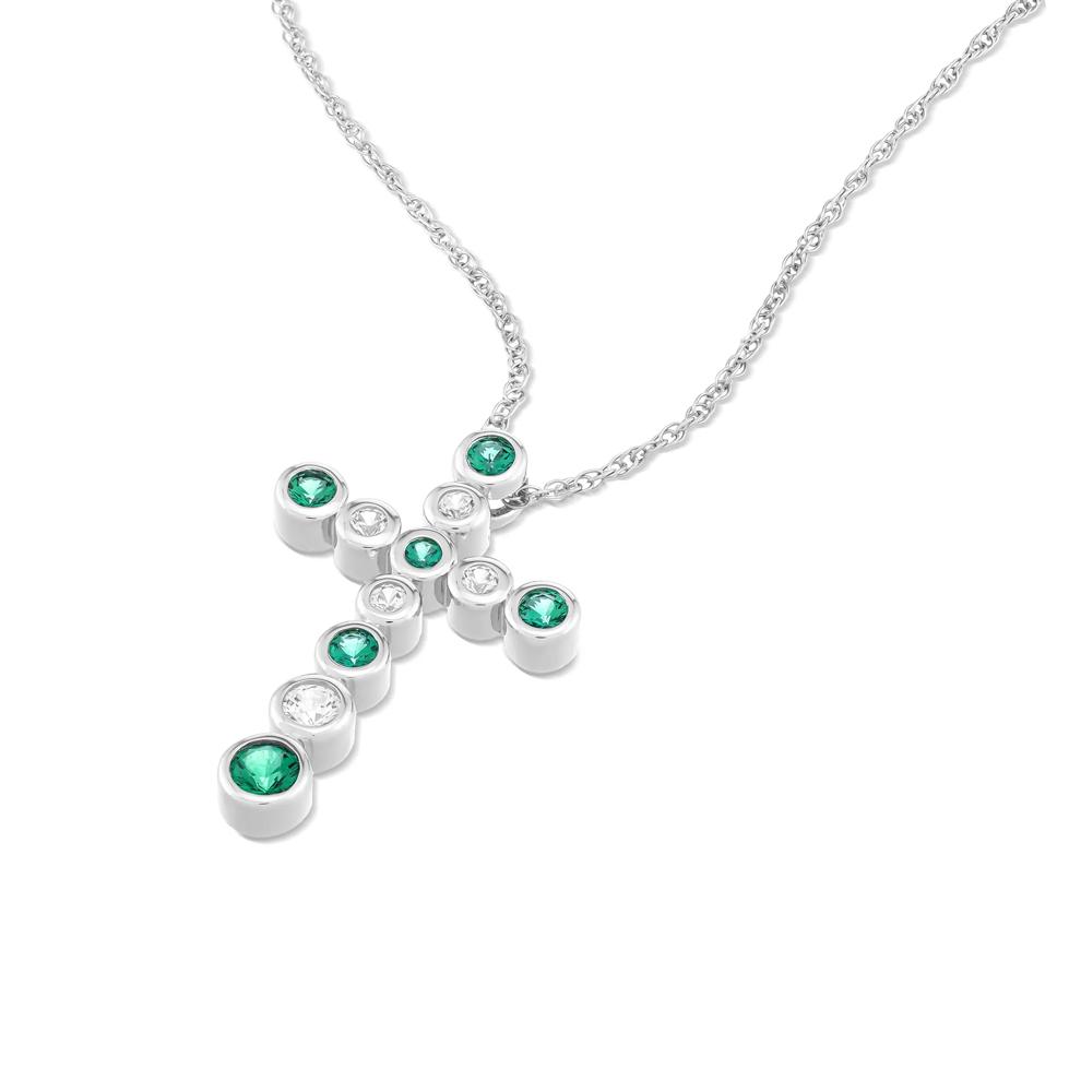 Lab-Created Emerald &amp; Lab-Created White Sapphire Bezel-Set Cross Pendant Necklace in Sterling Silver – Image 4 of 4