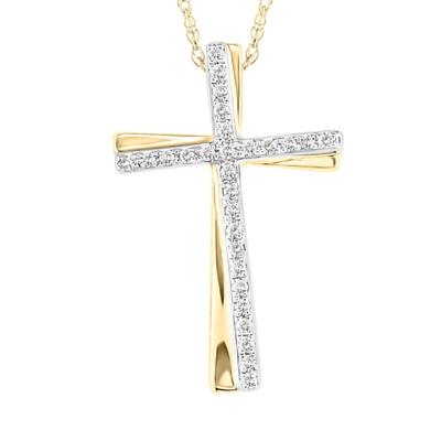 Diamond Cross Pendant with Tilt in 10K Yellow & White Gold (1/7 ct. tw.)