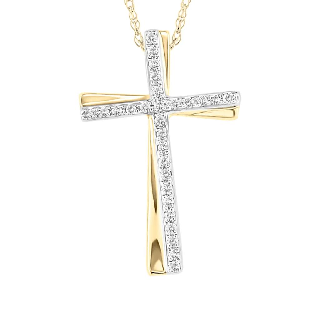 Diamond Cross Pendant with Tilt in 10K Yellow &amp; White Gold (1/7 ct. tw.) – Image 1 of 3