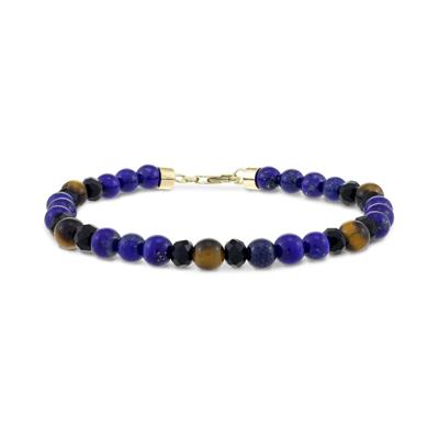 Men's Black Agate, Blue Lapis & Tiger's Eye Bead Bracelet in 10K Yellow Gold, 8"