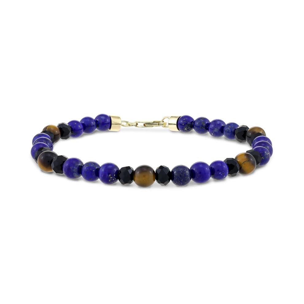 Men's Black Agate, Blue Lapis &amp; Tiger's Eye Bead Bracelet in 10K Yellow Gold, 8" – Image 1 of 2