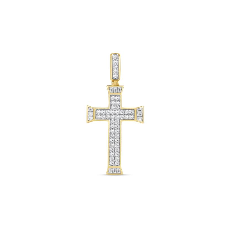 Men&#39;s Lab Grown Diamond Round and Baguette Cross Pendant in 10K Yellow Gold &#40;1 ct. tw.&#41; – Image 1 of 2