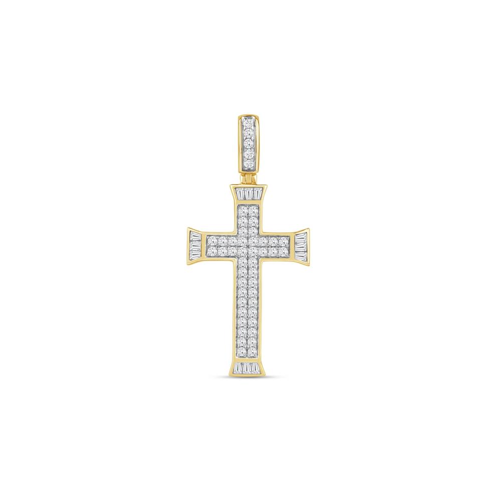 Men's Lab Grown Diamond Round and Baguette Cross Pendant in 10K Yellow Gold (1 ct. tw.) – Image 1 of 2