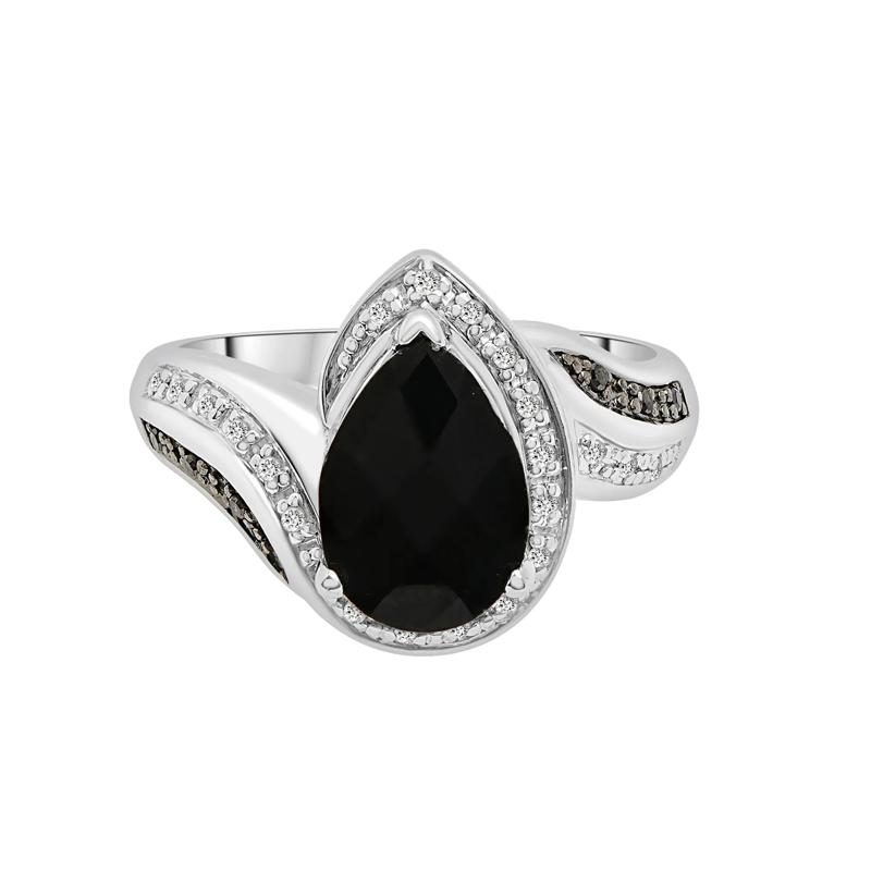 Pear-Shaped Onyx Ring with Black and White Diamonds in Sterling Silver (1/10 ct. tw.) – Image 1 of 1