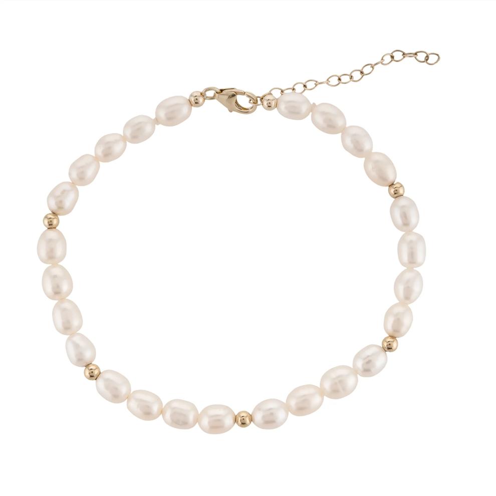 Freshwater Cultured Pearl &amp; 3MM Bead Strand Bracelet in 10K Yellow Gold, 7.5" – Image 2 of 2