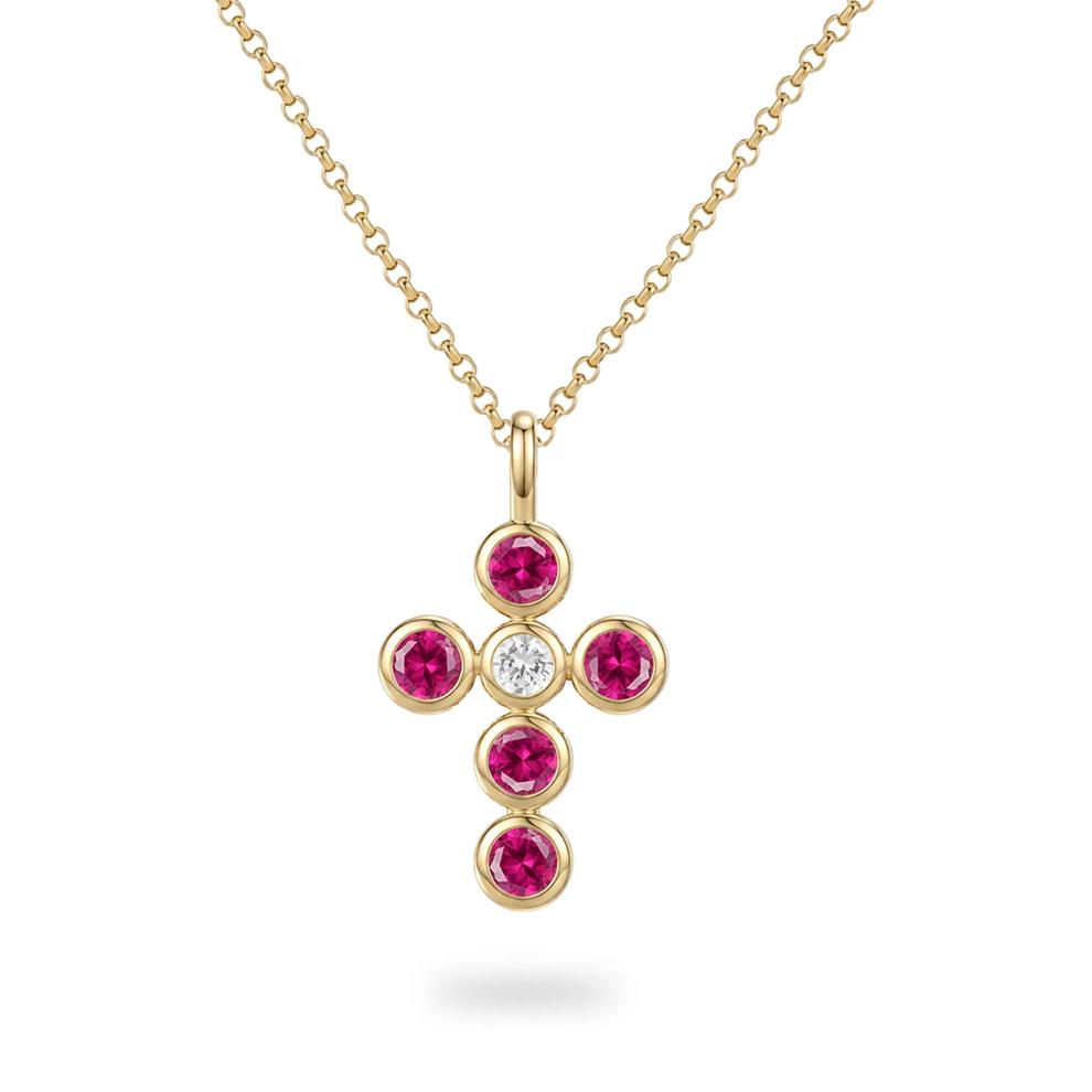 Lab-Created Ruby &amp; Diamond Accent Cross Pendant Necklace in 10K Yellow Gold – Image 1 of 4