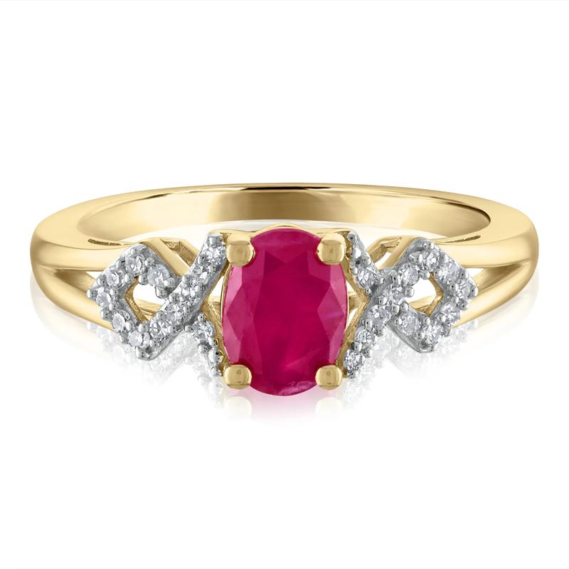 Oval-Shaped Ruby &amp; Diamond Ring in 14K Yellow Gold &#40;1/8 ct. tw.&#41; – Image 1 of 3