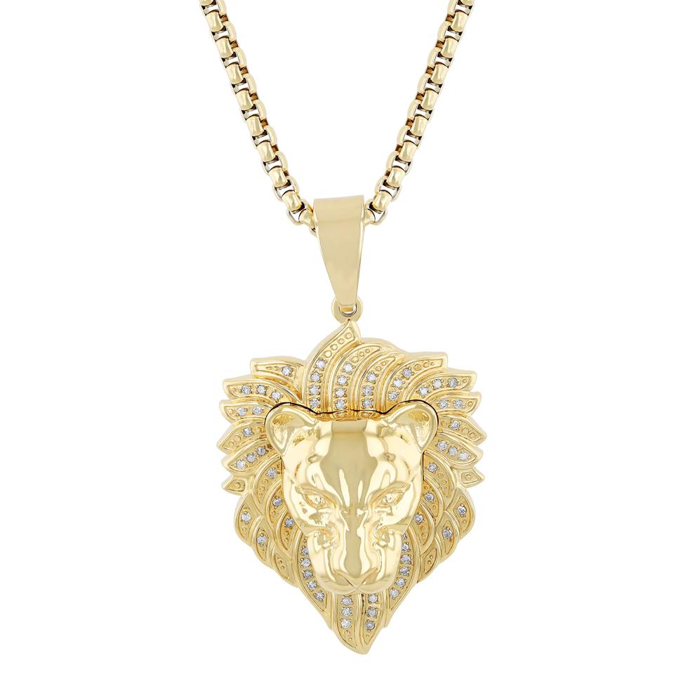 Diamond Lion Head Pendant in Yellow Gold-Tone Ion-Plated Stainless Steel (1/4 ct. tw.) – Image 1 of 4