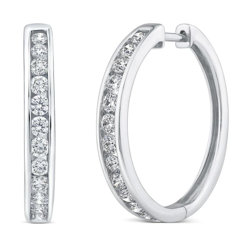 Diamond Channel-Set Hoop Earrings in 10K White Gold &#40;1 ct. tw.&#41; – Image 1 of 2