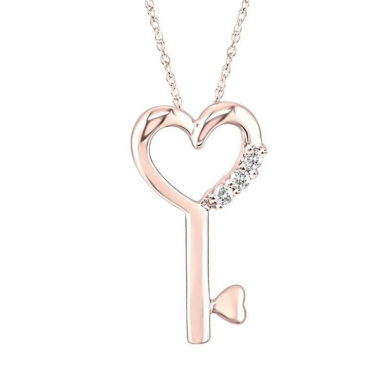 Diamond Heart Key Pendant in 10K Rose Gold – Image 1 of 2