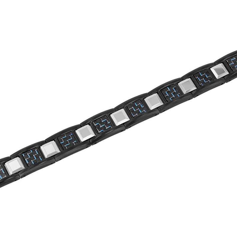 Men&rsquo;s Link Bracelet with Blue Carbon Fiber in Black Ion-Plated Stainless Steel – Image 2 of 2
