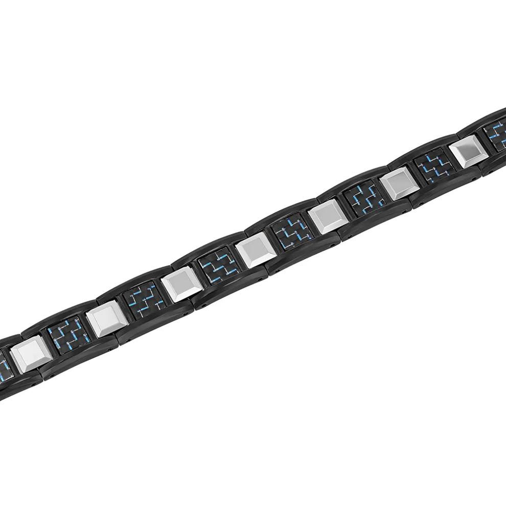 Men&rsquo;s Link Bracelet with Blue Carbon Fiber in Black Ion-Plated Stainless Steel – Image 2 of 2