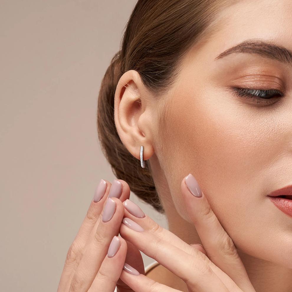 Lab-Created Moissanite Hexagon Hoop Earrings in Sterling Silver – Image 3 of 4