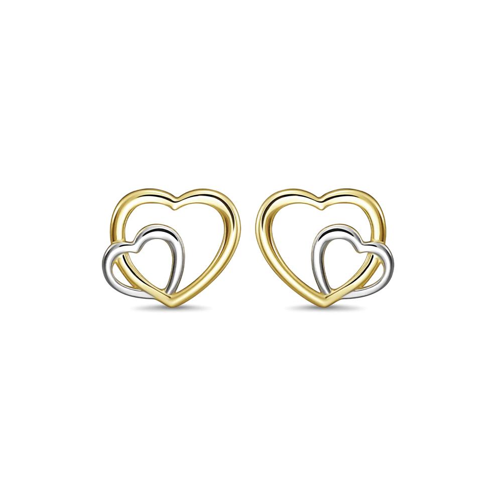 Double Heart Stud Earrings in 10K White &amp; Yellow Gold – Image 2 of 3