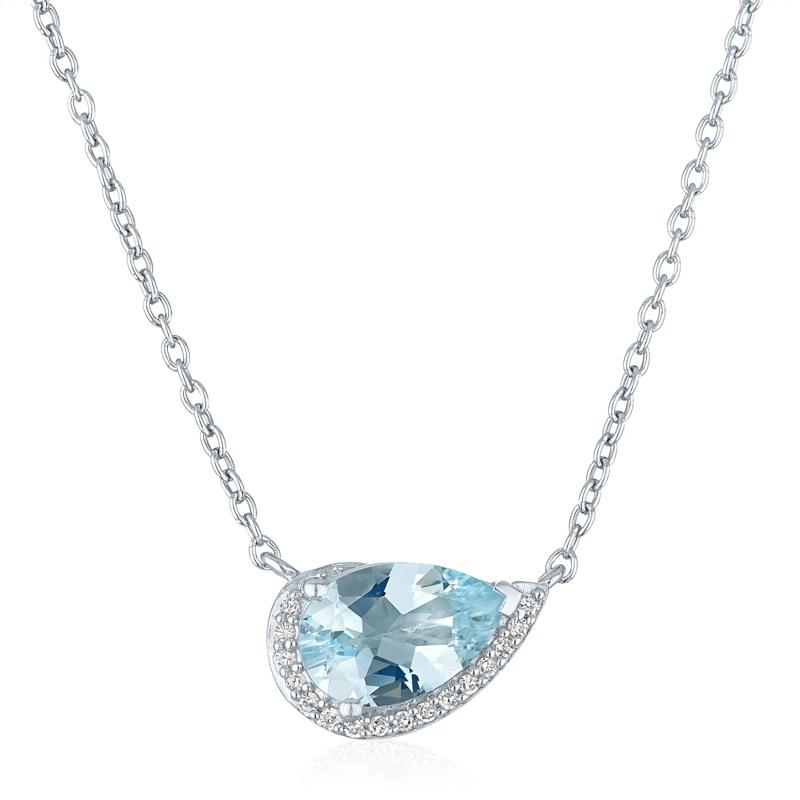 Aquamarine and Diamond Accent Pear-Shaped Half Halo Necklace in Sterling Silver – Image 1 of 3