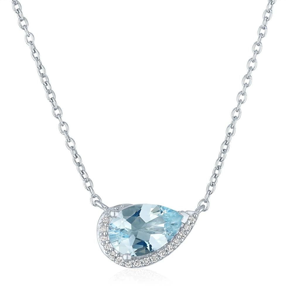 Aquamarine and Diamond Accent Pear-Shaped Half Halo Necklace in Sterling Silver – Image 1 of 3