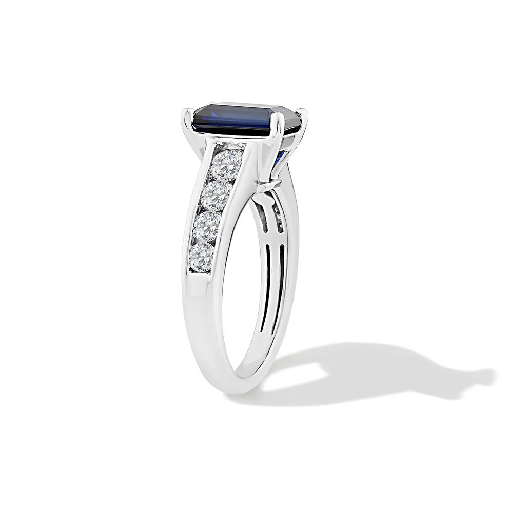Emerald-Cut Lab-Created Blue Sapphire &amp; Lab Grown Diamond Ring in 10K White Gold (1 ct. tw.) – Image 3 of 4