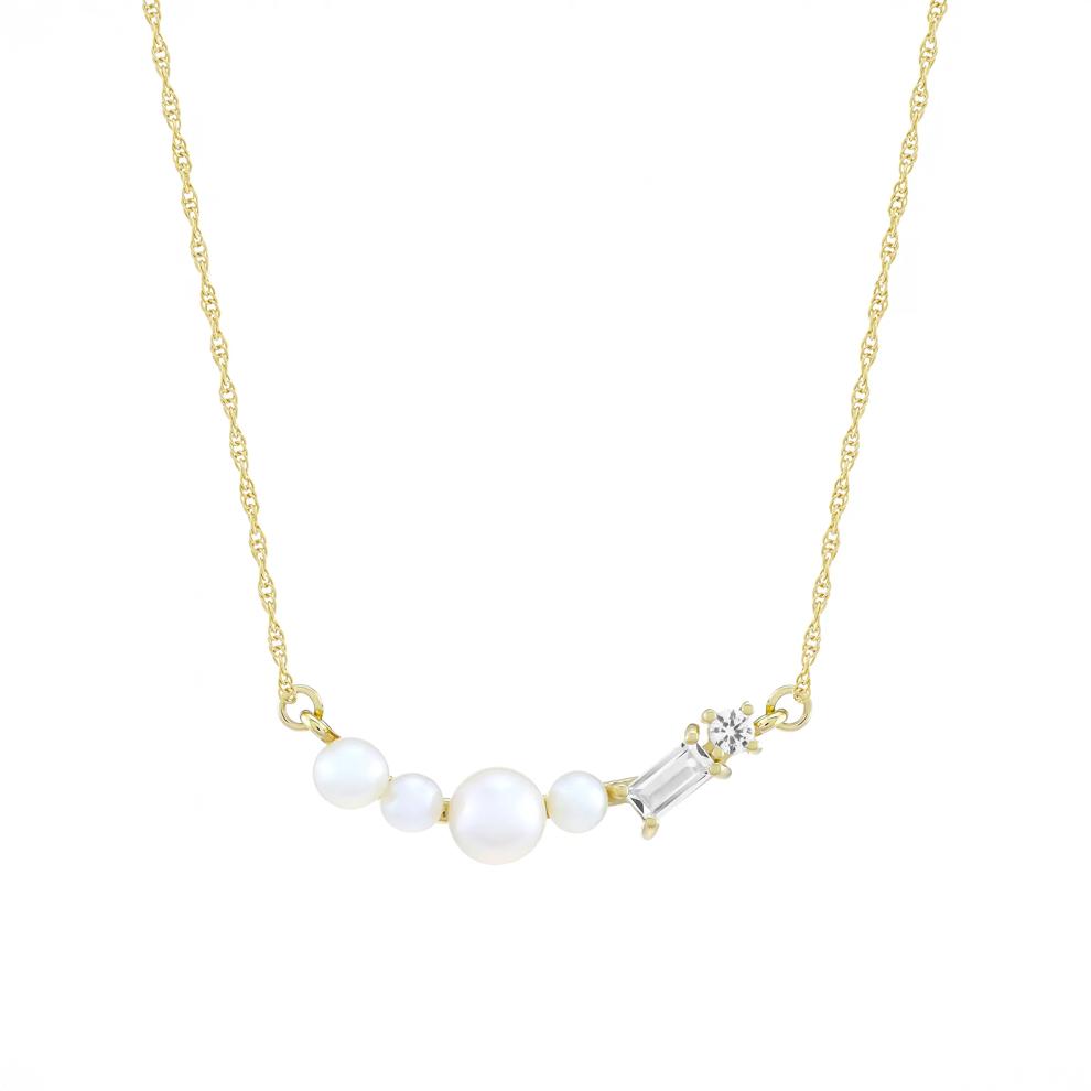 Freshwater Cultured Pearl and Lab-Created White Sapphire Necklace in 10K Yellow Gold – Image 1 of 3