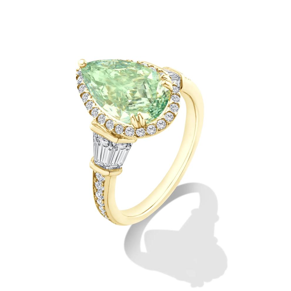Lab Grown Diamond Green Pear Halo Engagement Ring in 14K Yellow Gold (5 1/3 ct. tw.) – Image 4 of 4