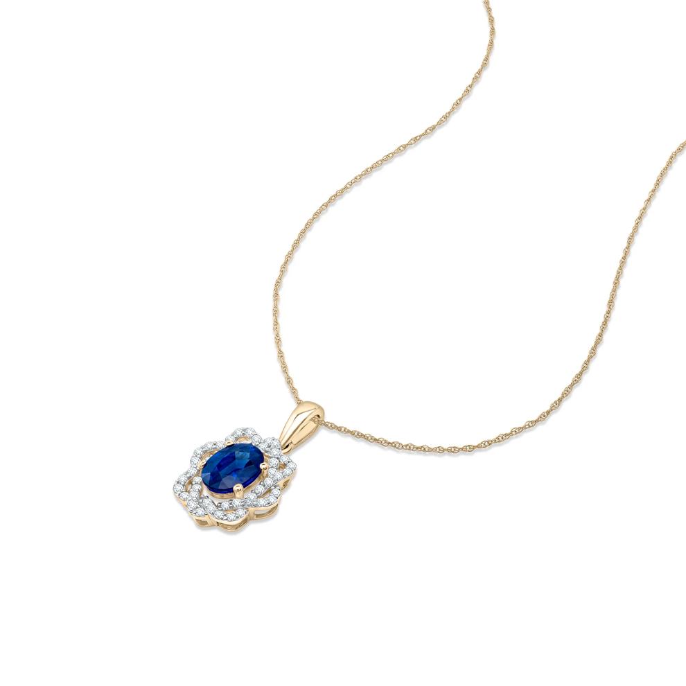 Blue Sapphire &amp; Diamond Halo Pendant Necklace in 10K Yellow Gold (1/4 ct. tw.) – Image 2 of 4