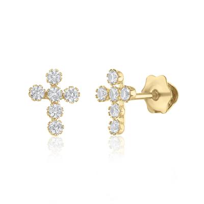Lab-Created White Sapphire Cross Stud Earrings in 14K Yellow Gold