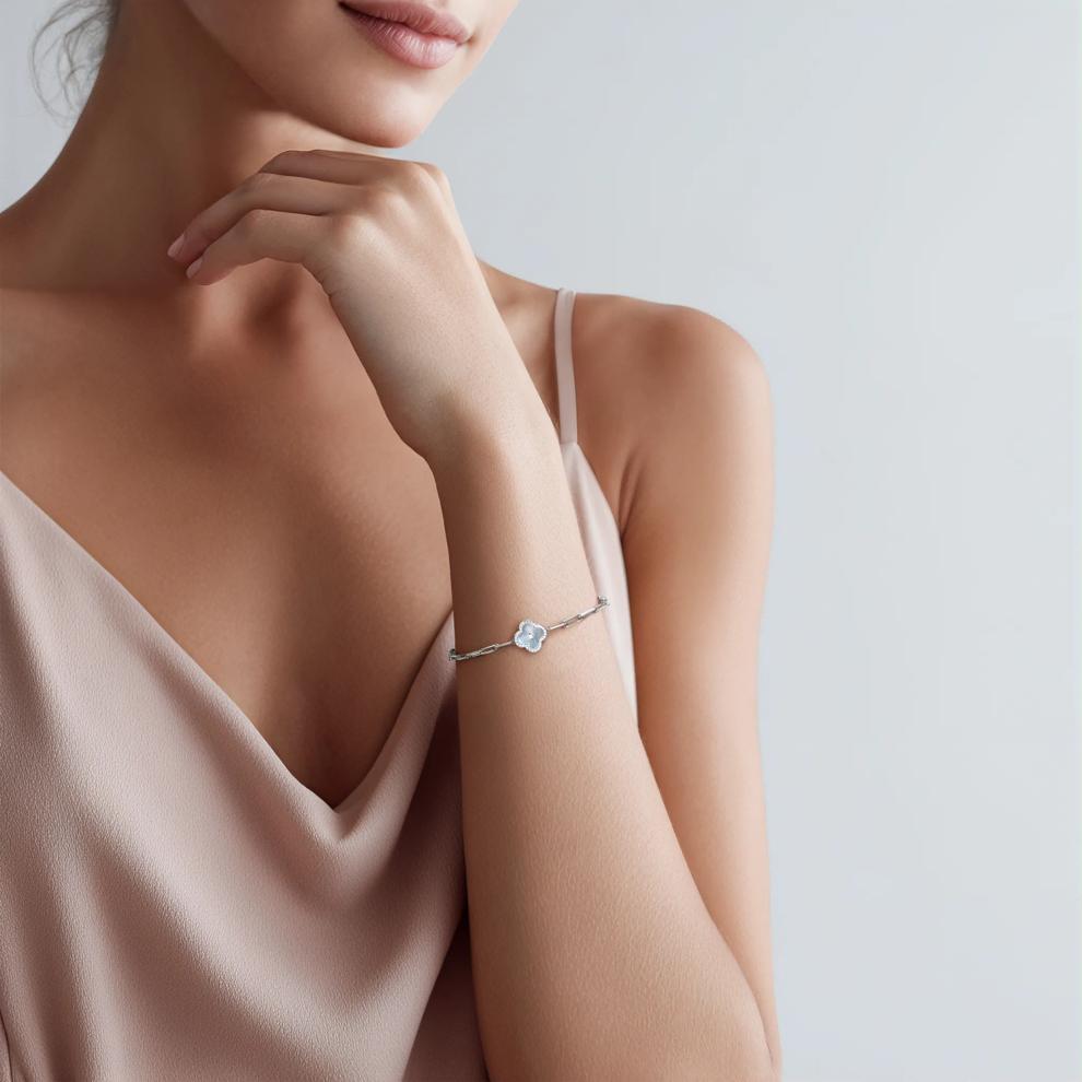 Mother of Pearl and Diamond Clover Bracelet in Sterling Silver – Image 2 of 2